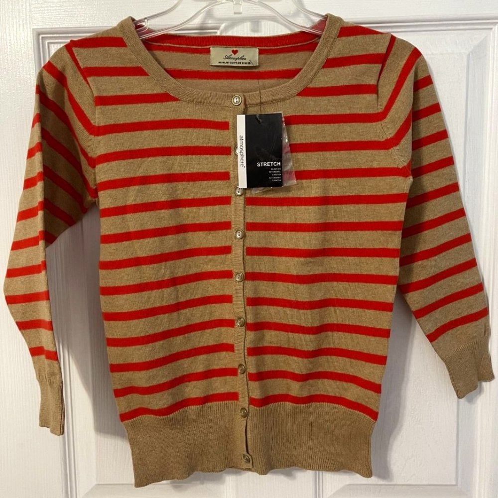 Brown button down Cardigan with Red Stripes